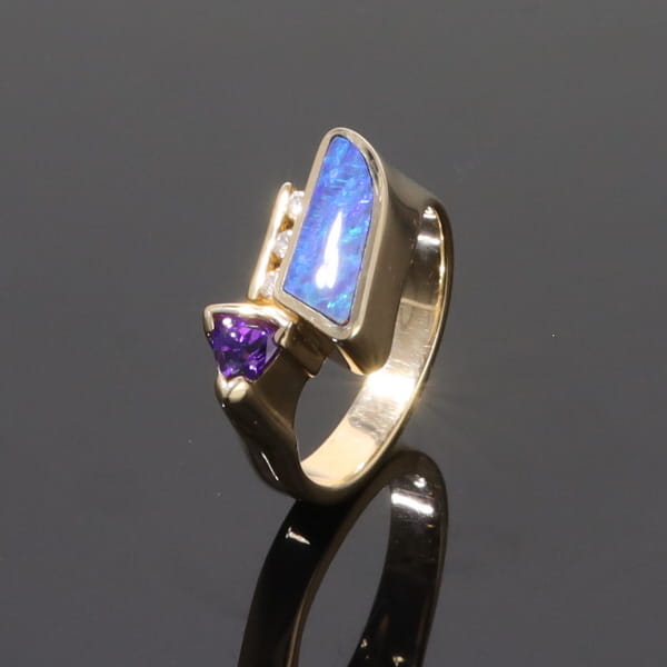Opal Rings Geometric Inlaid with Amethyst and .08ctw Diamonds