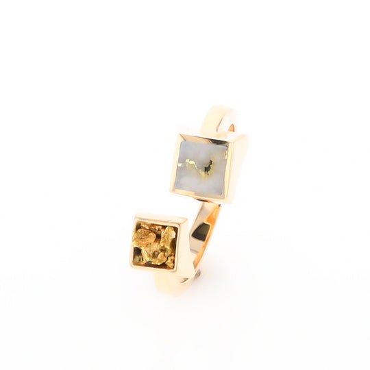 Gold Quartz Ring Natural Nuggets Inlaid Wrap Double Square Design