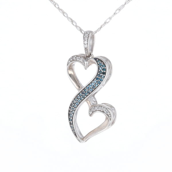 Blue and White Diamond Double Open Heart Pendant with 16" Singapore Chain