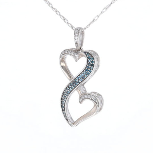 Blue and White Diamond Double Open Heart Pendant with 16" Singapore Chain