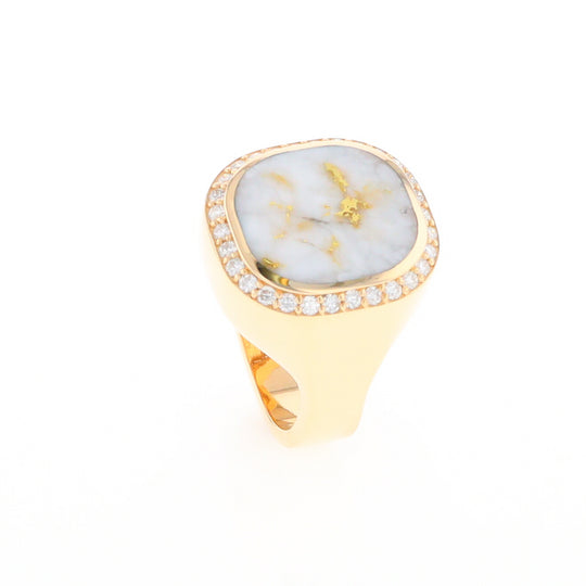 Gold Quartz Cushion Inlaid Men's Ring with Diamond Halo