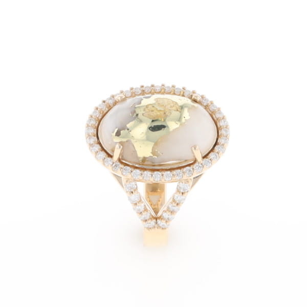 Gold Quartz Ring Oval Cabochon 0.65ctw Round Diamonds Halo