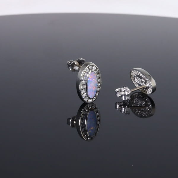 Opal Earrings Oval Inlaid with .25ctw Round Diamond Halo Studs