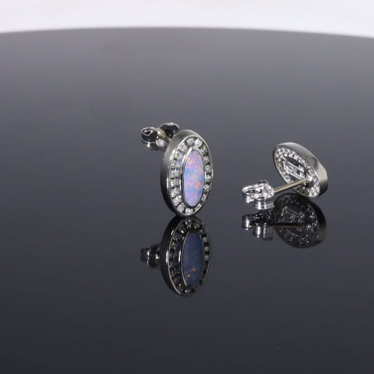 Opal Earrings Oval Inlaid with .25ctw Round Diamond Halo Studs