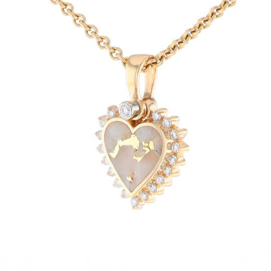 G2 Gold Quartz Pendant Heart Inlaid .21ctw Diamond Halo Design Pendant