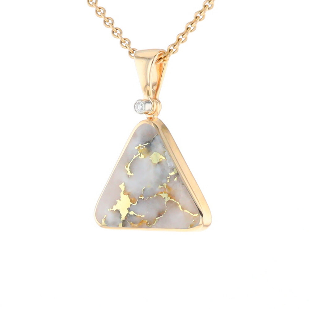 Gold Quartz Necklace Triangle Inlaid Pendant with .02ct Diamond