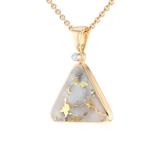 Gold Quartz Necklace Triangle Inlaid Pendant with .02ct Diamond