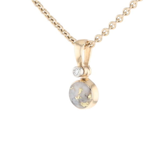 Gold Quartz Necklace Round Inlaid Pendant with .02ct Round Diamond