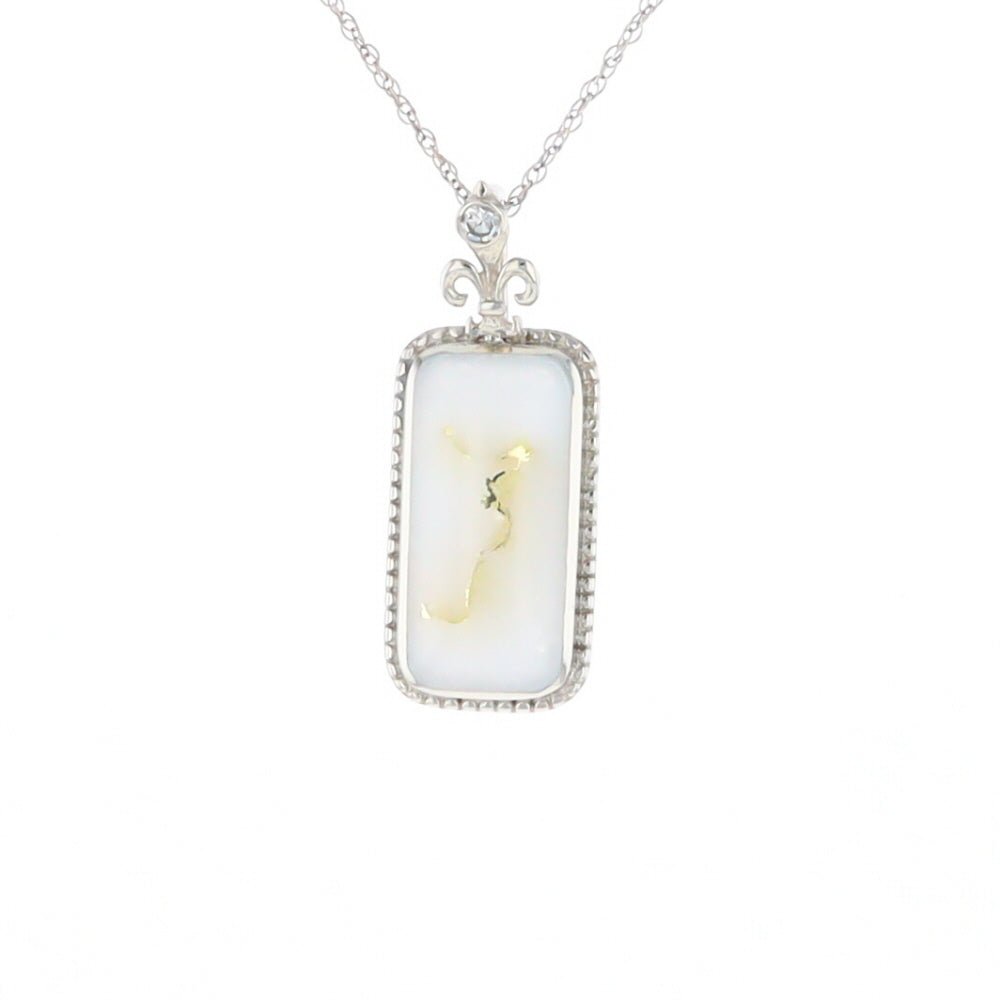 Gold Quartz Necklace, Rectangle Inlaid Fleur De Lis Design with .02ctw Diamond Pendant