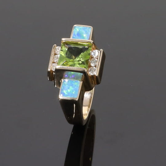 Opal Rings 2 Square Inlaid Peridot with 0.24ctw Diamonds