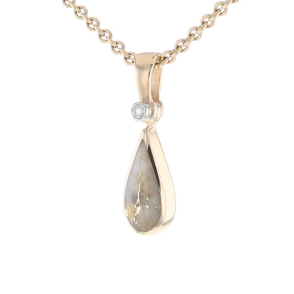 Gold Quartz Pendant Tear Drop Inlaid Design with .02ct Diamond