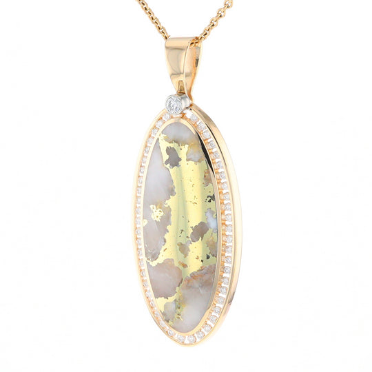 Gold Quartz Necklace 0.96ctw Halo Diamond Oval Inlaid Pendant