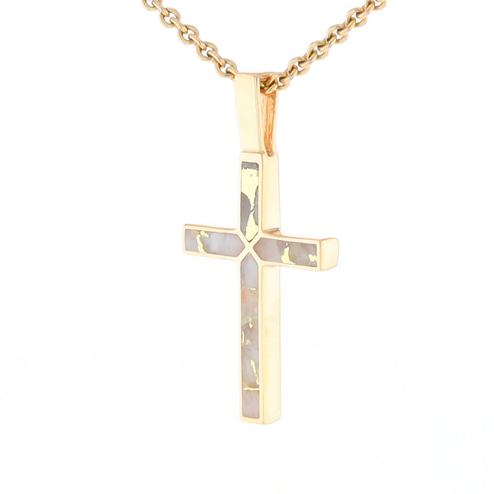 Gold Quartz Necklace 4 Section Inlaid Design Cross Pendant