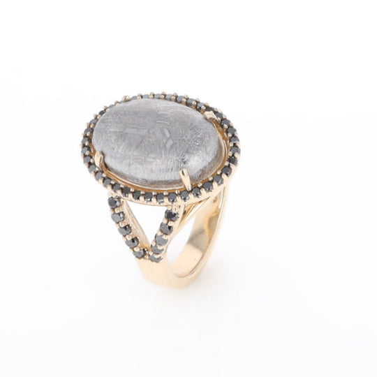 Meteorite Ring Oval Cabochon 0.65ctw Round Black Diamonds Halo