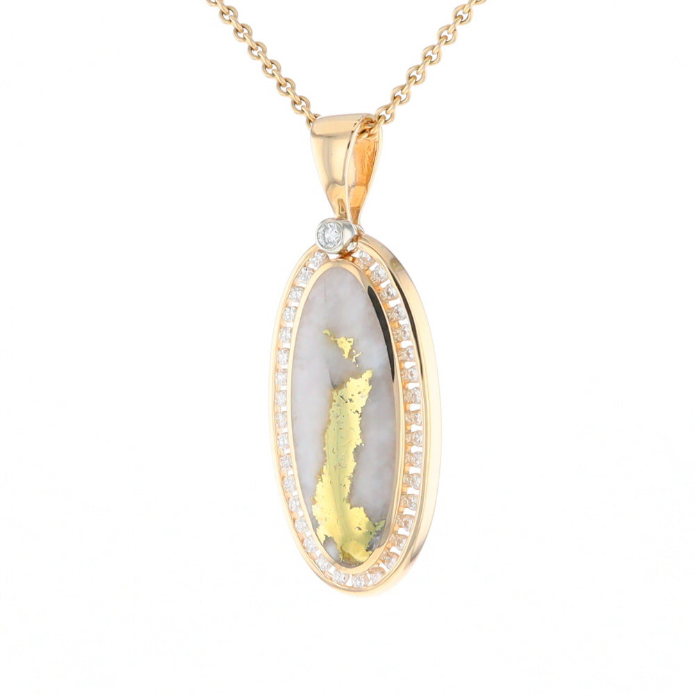 Gold Quartz Necklace .54ctw Halo Diamond Oval Inlaid Pendant