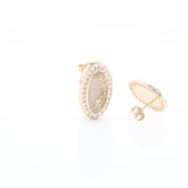 Gold Quartz Earrings Oval Inlaid Design .73ctw Round Diamonds Halo G2