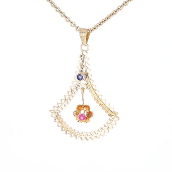 Vintage Buttercup Dangle Ruby Scrollwork Pendant