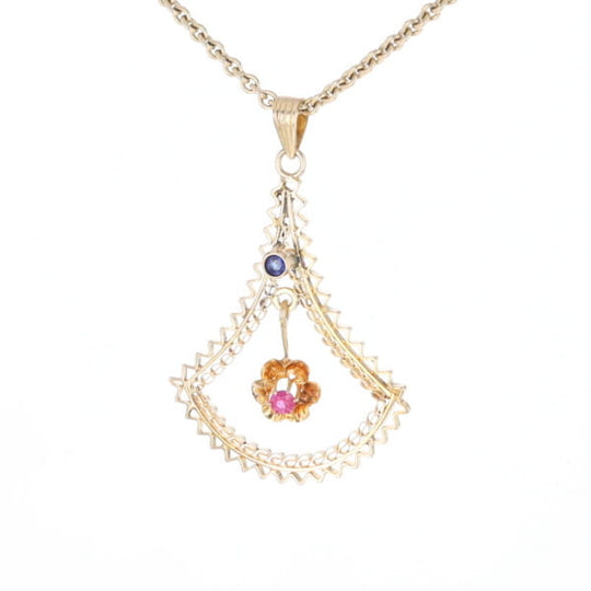 Vintage Buttercup Dangle Ruby Scrollwork Pendant