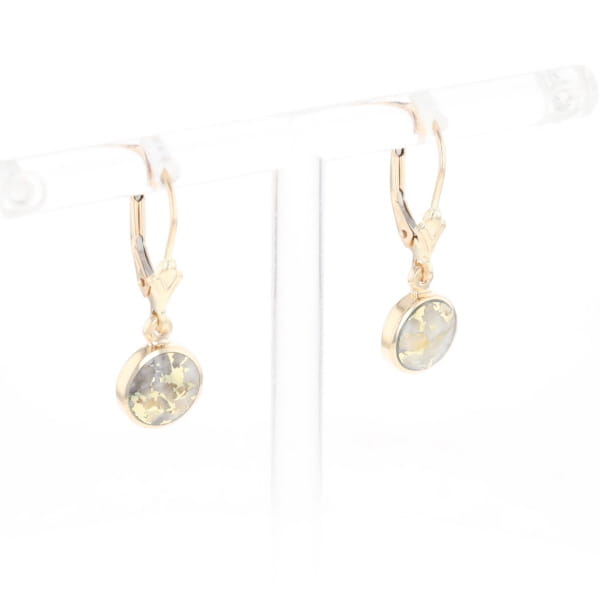 Gold Quartz Earrings Round Inlaid Design Lever Backs