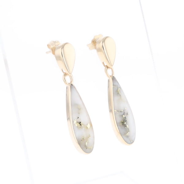 Gold Quartz Earrings Tear Drop Inlaid Design