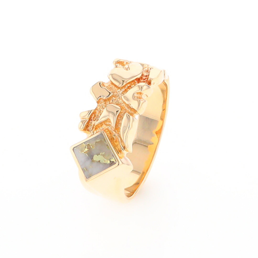 Gold Quartz Ring Diamond Shape Inlay Nugget Design Band