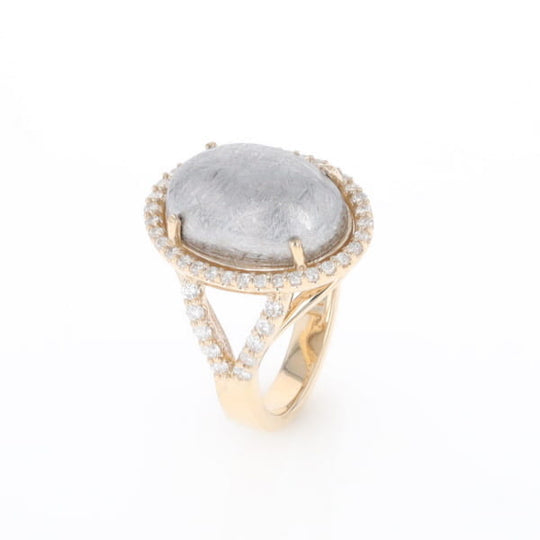 Meteorite Ring Oval Cabochon 0.65ctw Round Diamonds Halo