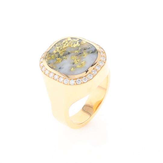 Gold Quartz Cushion Inlaid Men's Ring with Diamond Halo