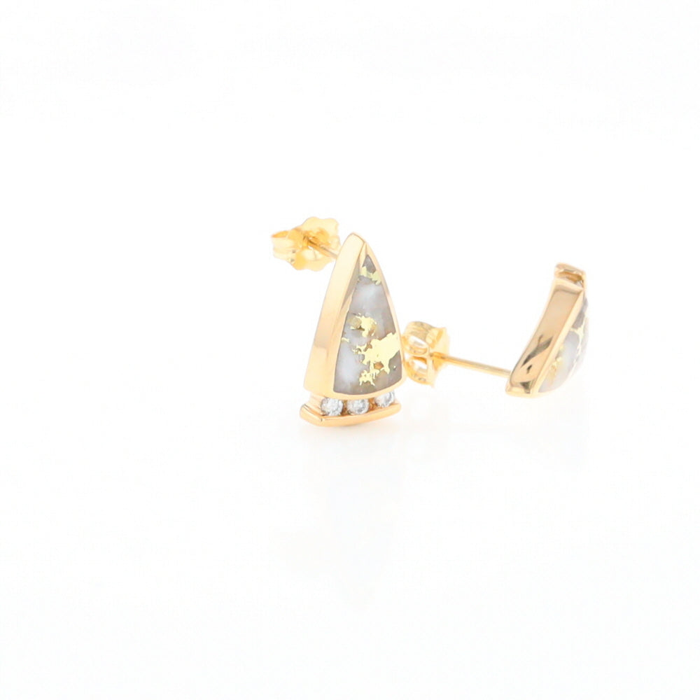 G2 Gold Quartz Earrings Triangle Shape Inlaid Design with .12ctw Diamonds