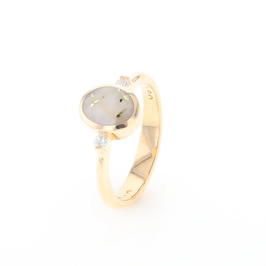 Gold Quartz Ring Oval Inlaid Design Center with .06ctw Round Diamonds