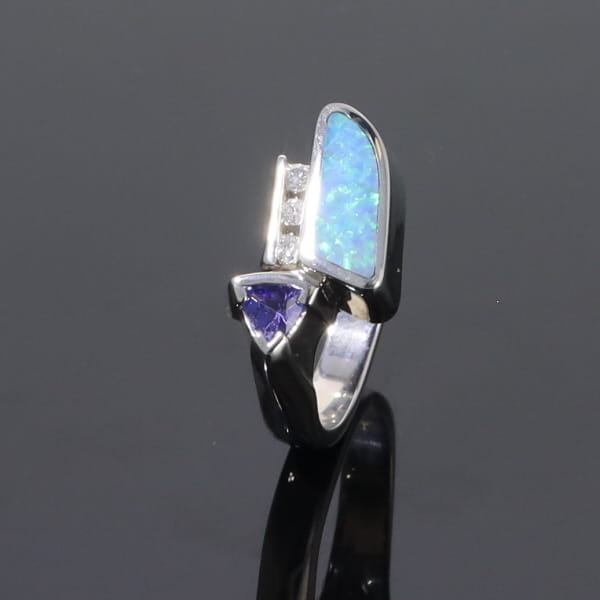 Opal Rings Geometric Inlaid Design with Tanzanite and .08ctw Diamonds