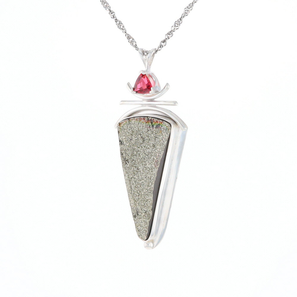 Druzy Quartz & Pink Trillion Tourmaline Pendant