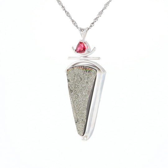 Druzy Quartz & Pink Trillion Tourmaline Pendant