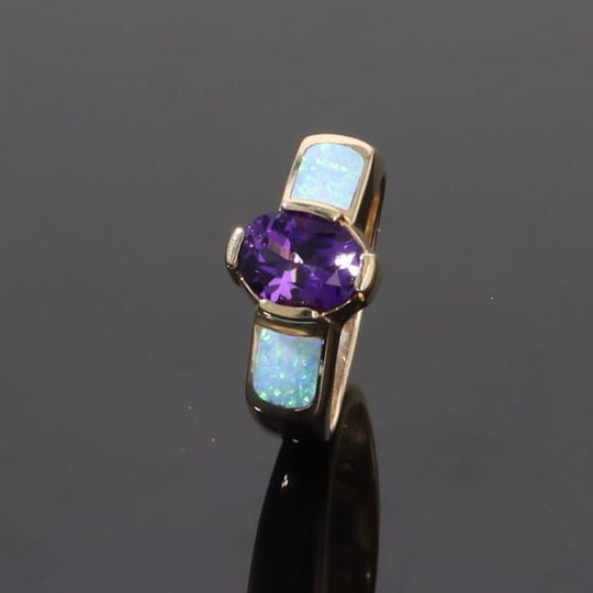 Opal Rings 2 Section Inlaid Design with Oval Amethyst Center