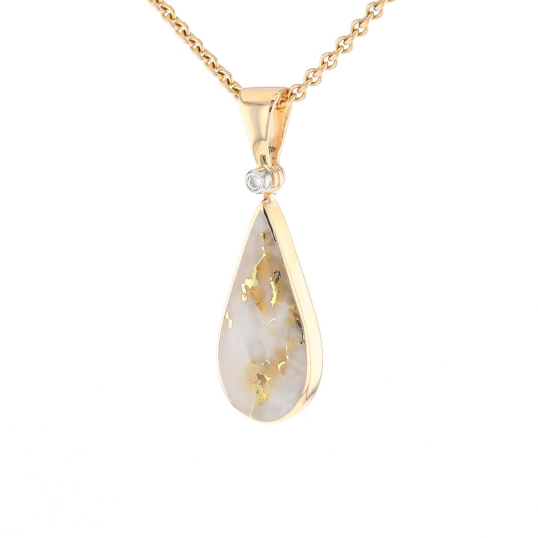 Gold Quartz Necklace Tear Drop Inlaid Pendant with .02ct Diamond