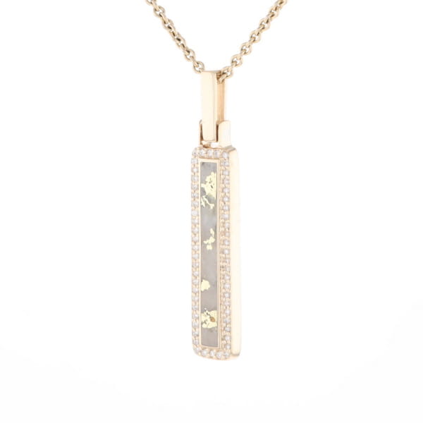 Gold Quartz Necklace, Rectangle Inlaid, .27ctw Diamond Halo Pendant