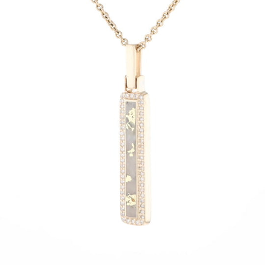 Gold Quartz Necklace, Rectangle Inlaid, .27ctw Diamond Halo Pendant