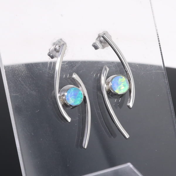 Opal Earrings Round Inlaid Double Curved Bar Design Studs