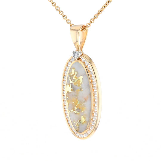 Gold Quartz Necklace .54ctw Halo Diamond Oval Inlaid Pendant