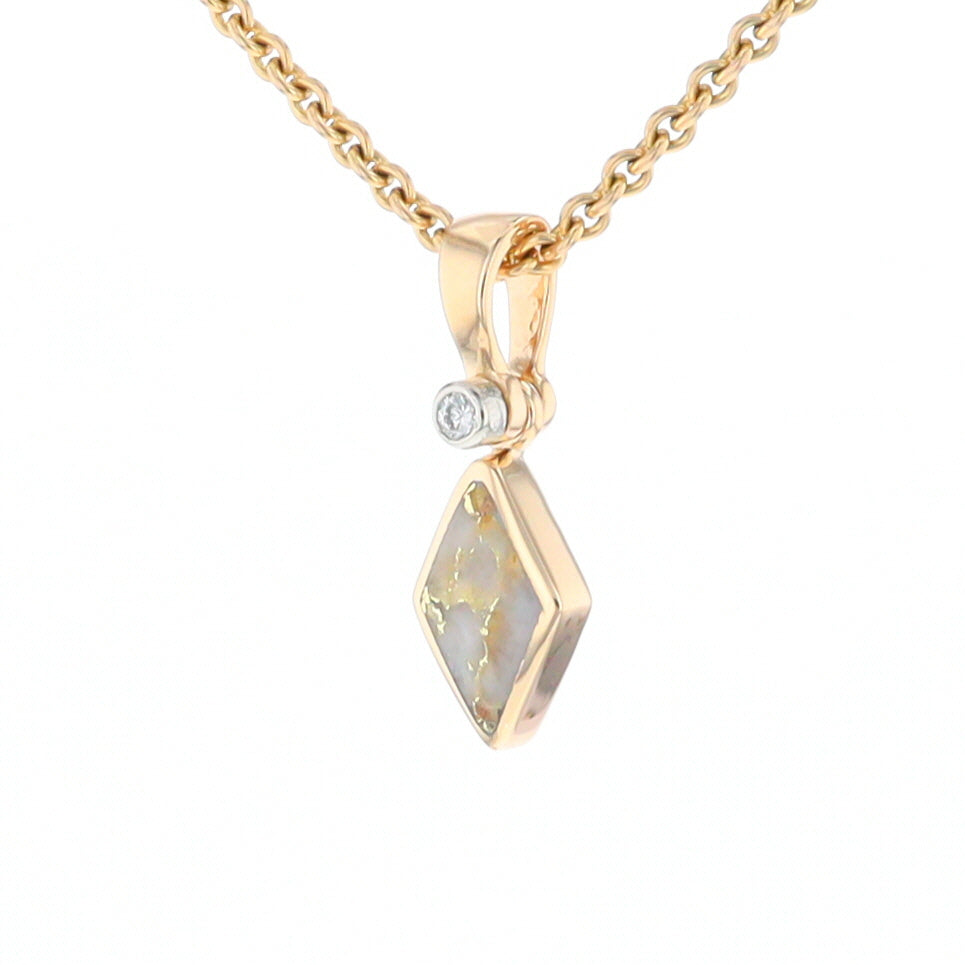 Gold Quartz Necklace Diamond Shape Inlaid Pendant with .02ct Diamond