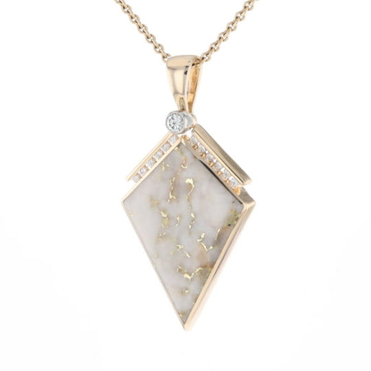 Gold Quartz Necklace Kite Shape Inlaid Pendant with .27ctw Diamonds