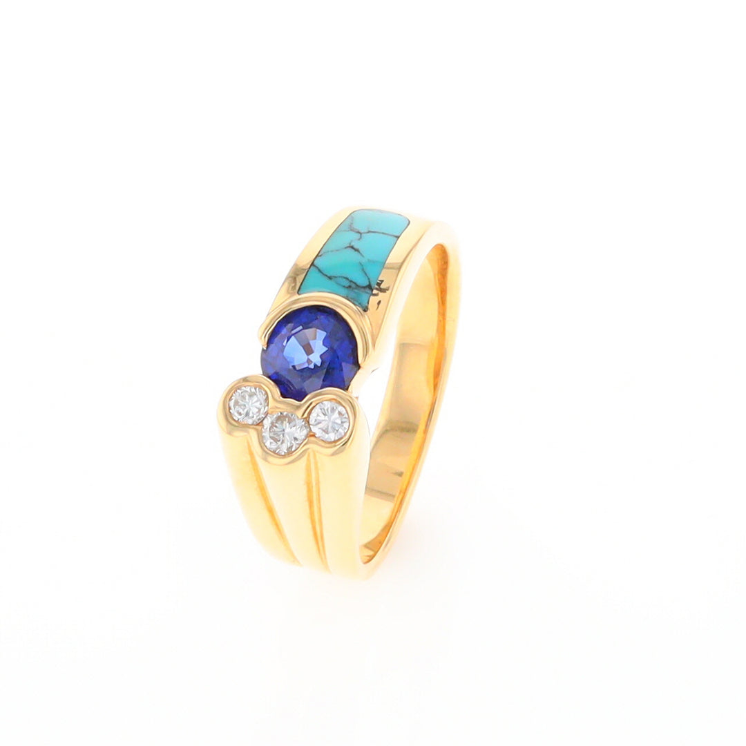 Turquoise Inlaid Ring with Sapphire and 0.23ctw Diamonds