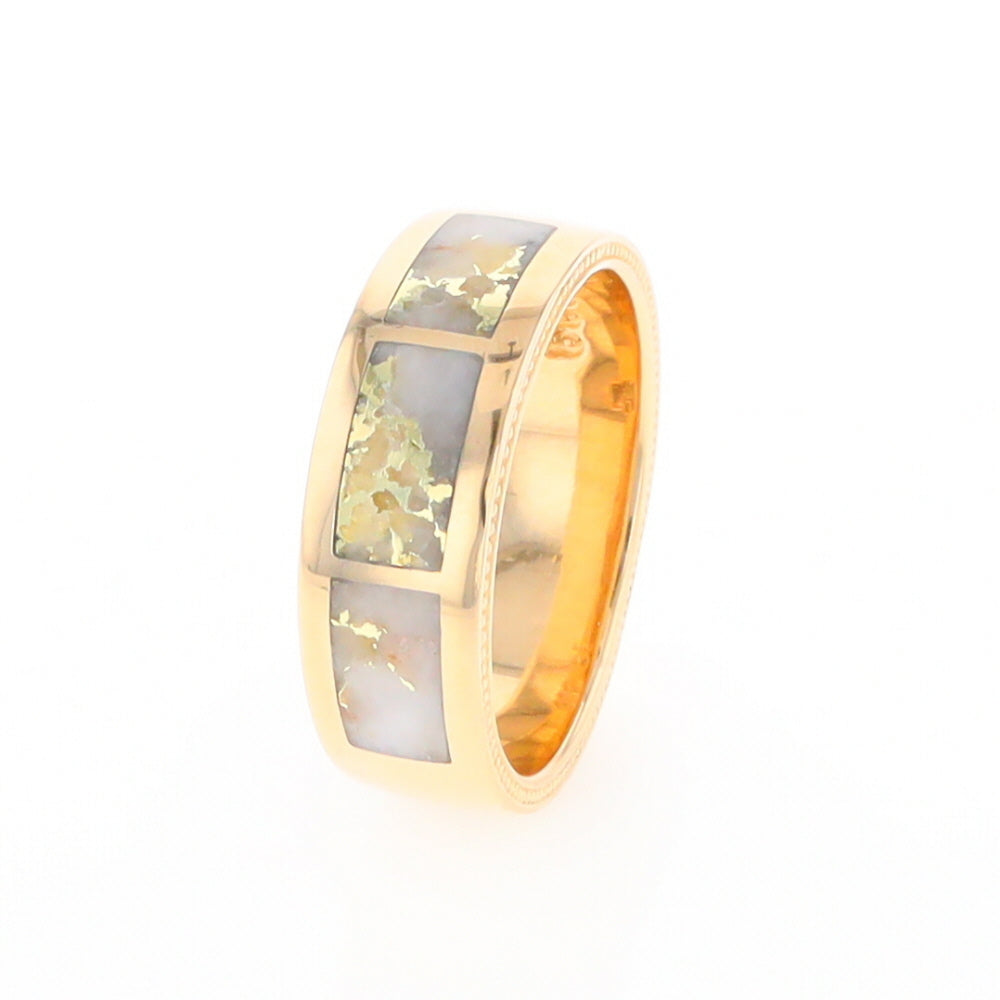 Gold Quartz Ring 3 Section Rectangle Inlaid Band with Milgrain Design