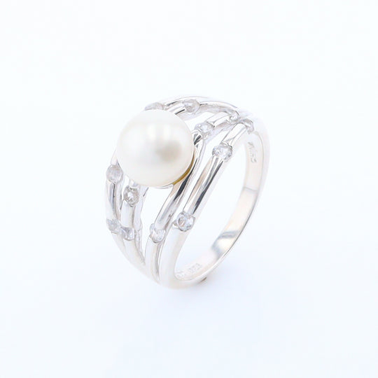 Pearl Bamboo Ring with Cubic Zirconia Accents