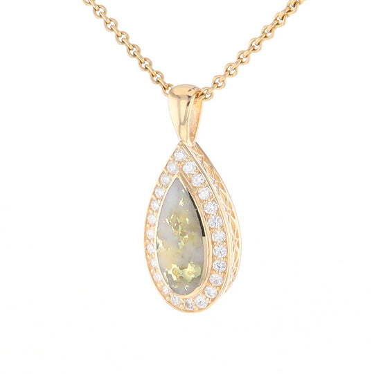 Gold Quartz Pendant Tear Drop Inlaid .42ctw Diamond Halo Design