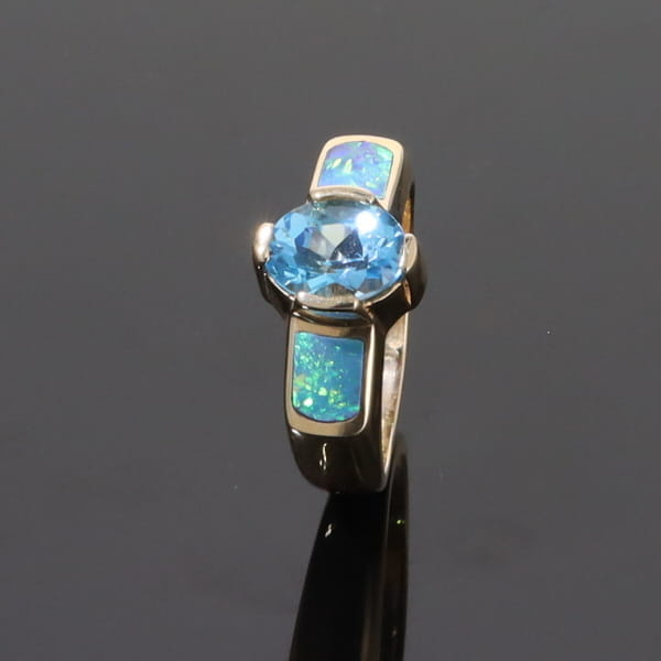 Opal Rings 2 Section Inlaid Design with Oval Swiss Blue Topaz Center