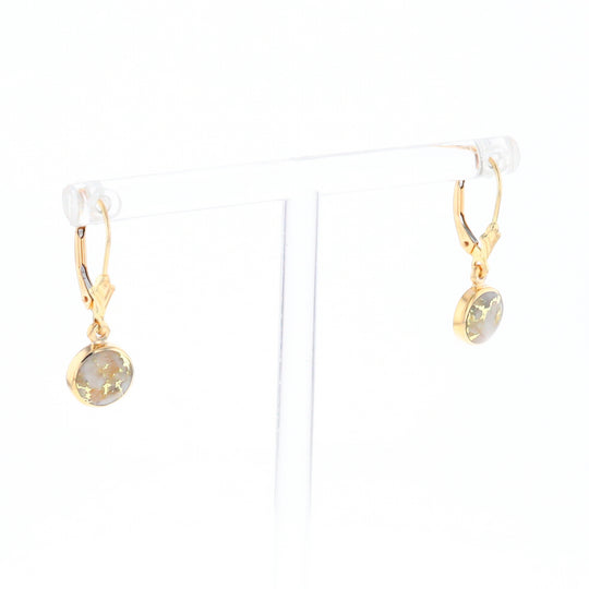 Gold Quartz Earrings Round Inlaid Design Lever Backs