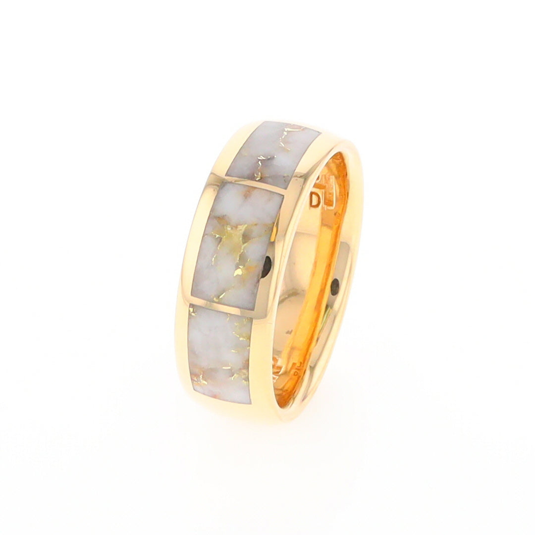 Gold Quartz Ring 3 Section Rectangle Inlaid Design Band