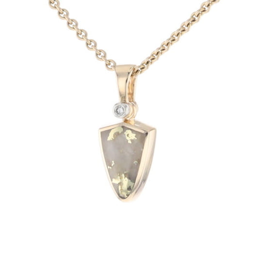 Gold Quartz Pendant Shield Shape Inlaid Pendant with .02ct Diamond