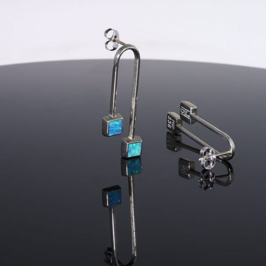 Opal Earrings Curved Bar Double Square Inlaid Ends Design Studs