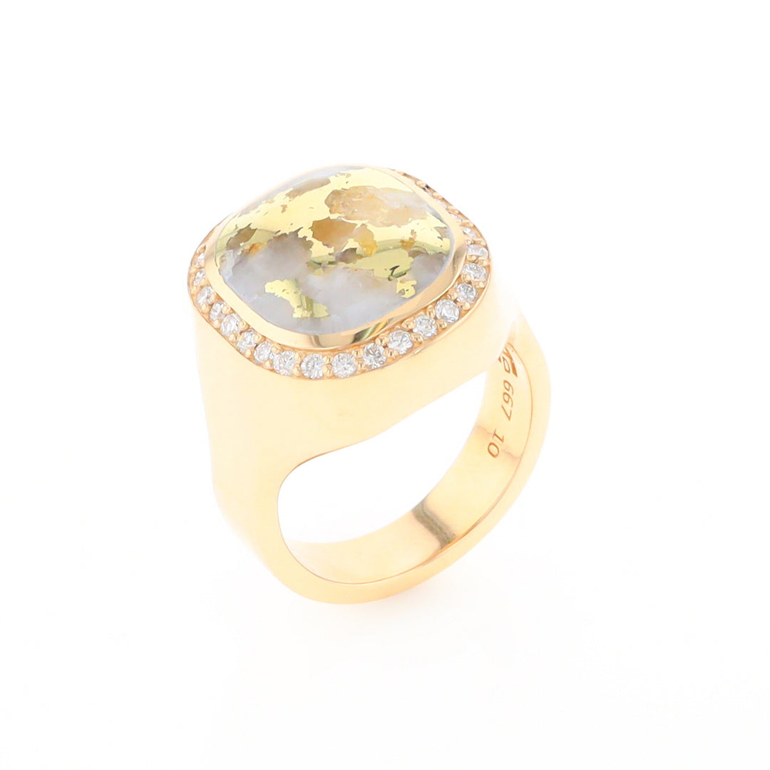 Gold Quartz Cushion Inlaid Men's Ring with Diamond Halo